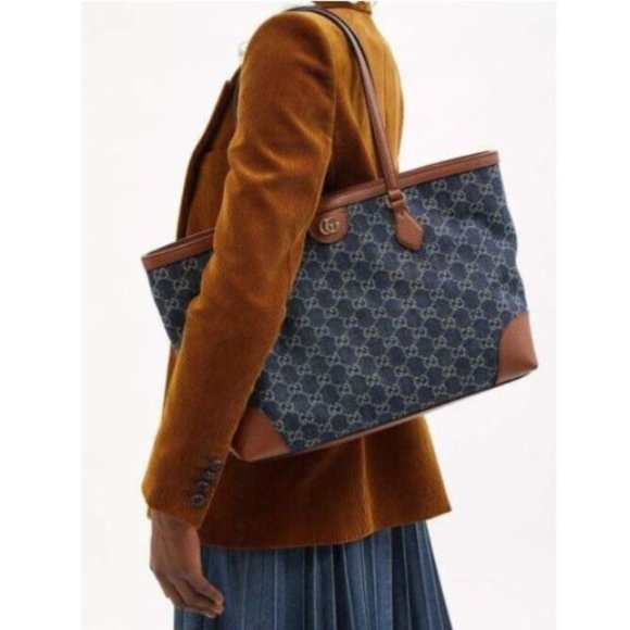 Gucci Ophidia GG Jacquard Denim Blue Brown Tote Bag Italy Leather Handbag New - Picture 9 of 15